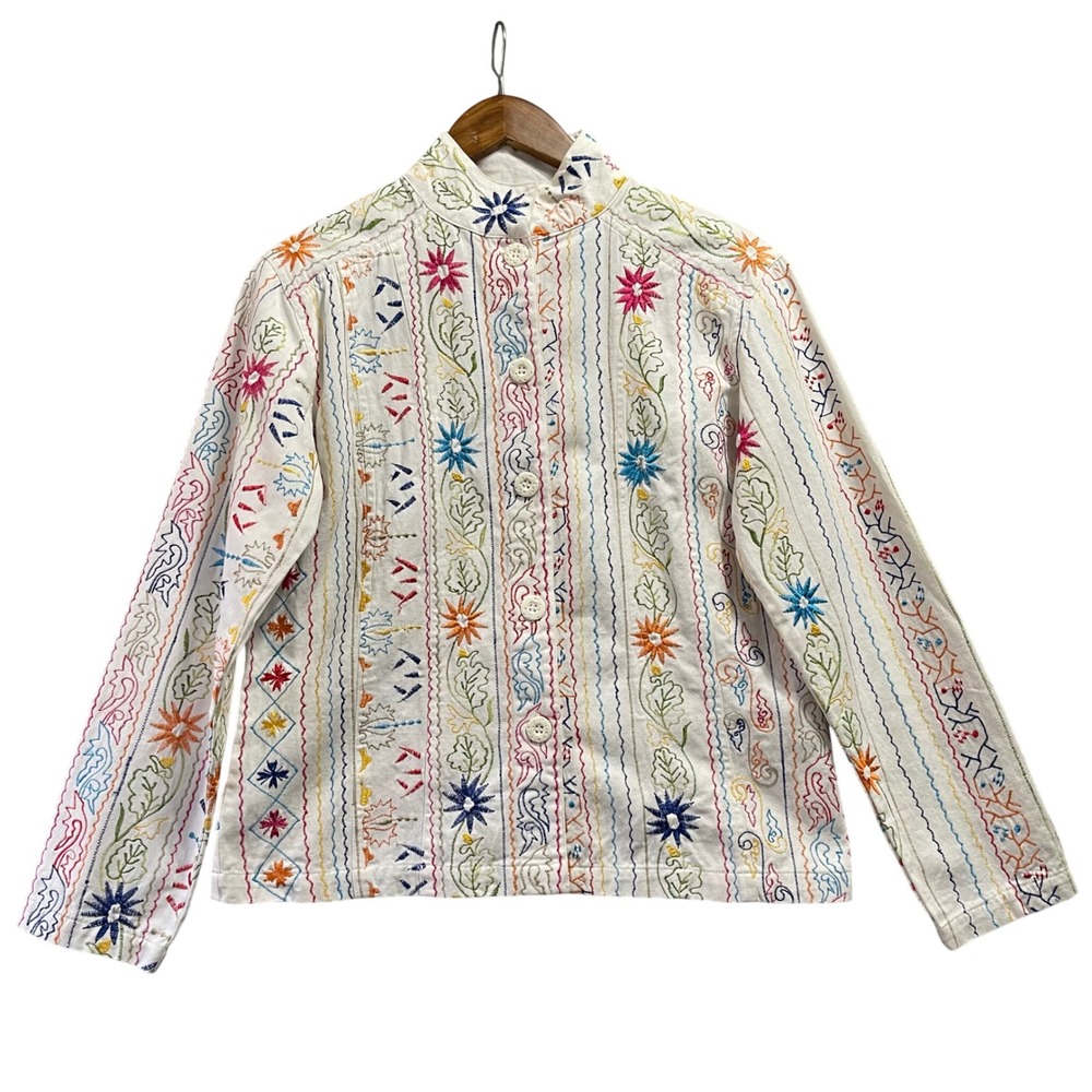 Carrie Allen Embroidered Jacket Womens Small White Multi Floral Eclectic Coastal